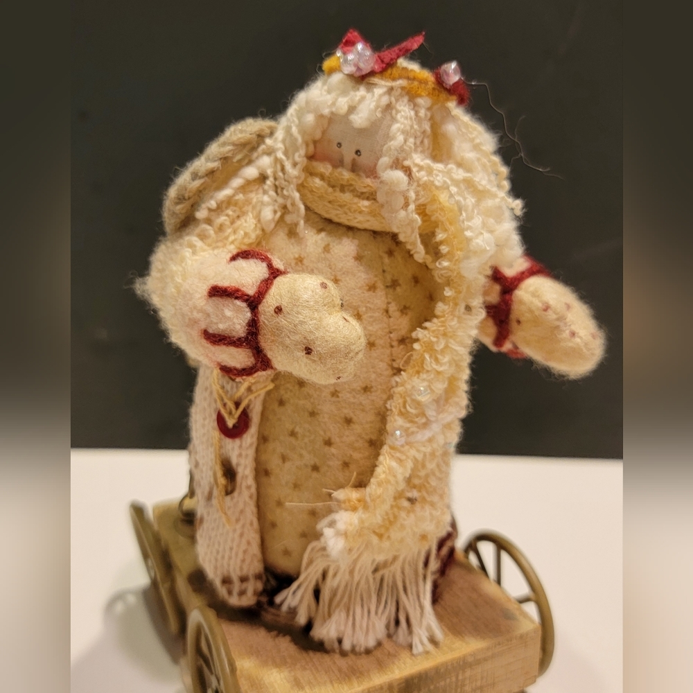 Adorable Christmas Angel Figurine Cloth Body Knitted Scarf & Wings, Wood Trolley